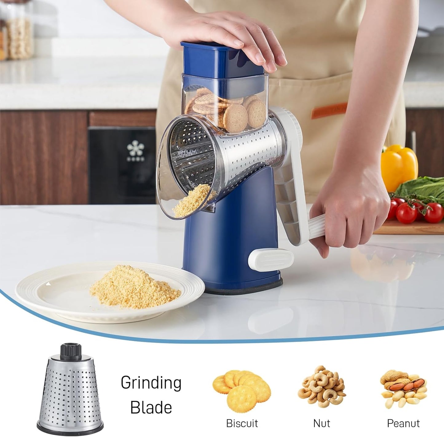 VEKAYA Rotary Cheese Grater Hand Crank with 4 Interchangeable Stainless Steel Blades, Large Manual Handle Shredder and Waffle Slicer for Vegetables, Cheese and Nuts with Table Suction Base(Blue)