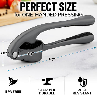Zulay Kitchen Premium Garlic Press Set - Rust Proof Professional Garlic Mincer Tool - Easy-Squeeze, Easy-Clean with Soft, Ergonomic Handle - Silicone Garlic Peeler & Brush (Silver)