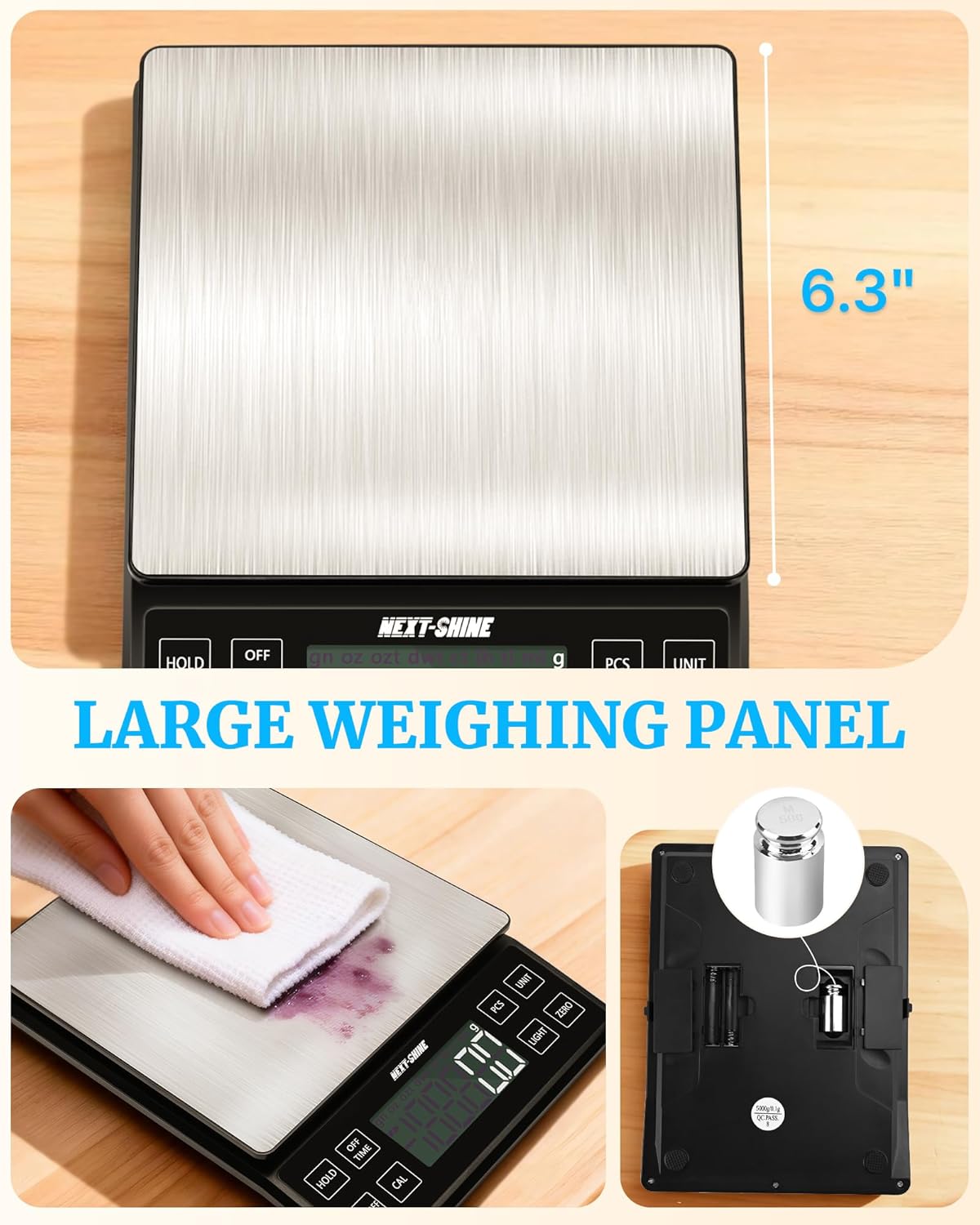 Food Kitchen Scale 11lb, 0.1g/0.01oz Precise Graduation Rechargeable Digital Scale with Nine Units Large Tray Stainless Steel Platform LCD Display for Meal Prep Cooking Baking