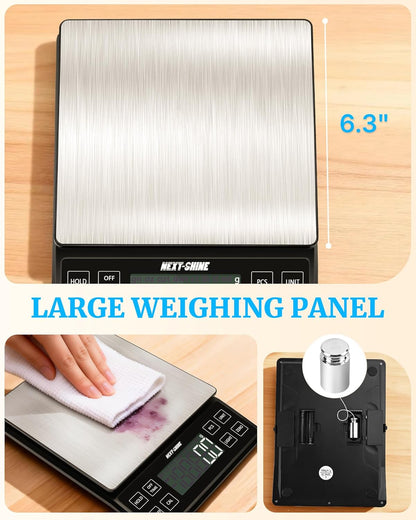 Food Kitchen Scale 11lb, 0.1g/0.01oz Precise Graduation Rechargeable Digital Scale with Nine Units Large Tray Stainless Steel Platform LCD Display for Meal Prep Cooking Baking