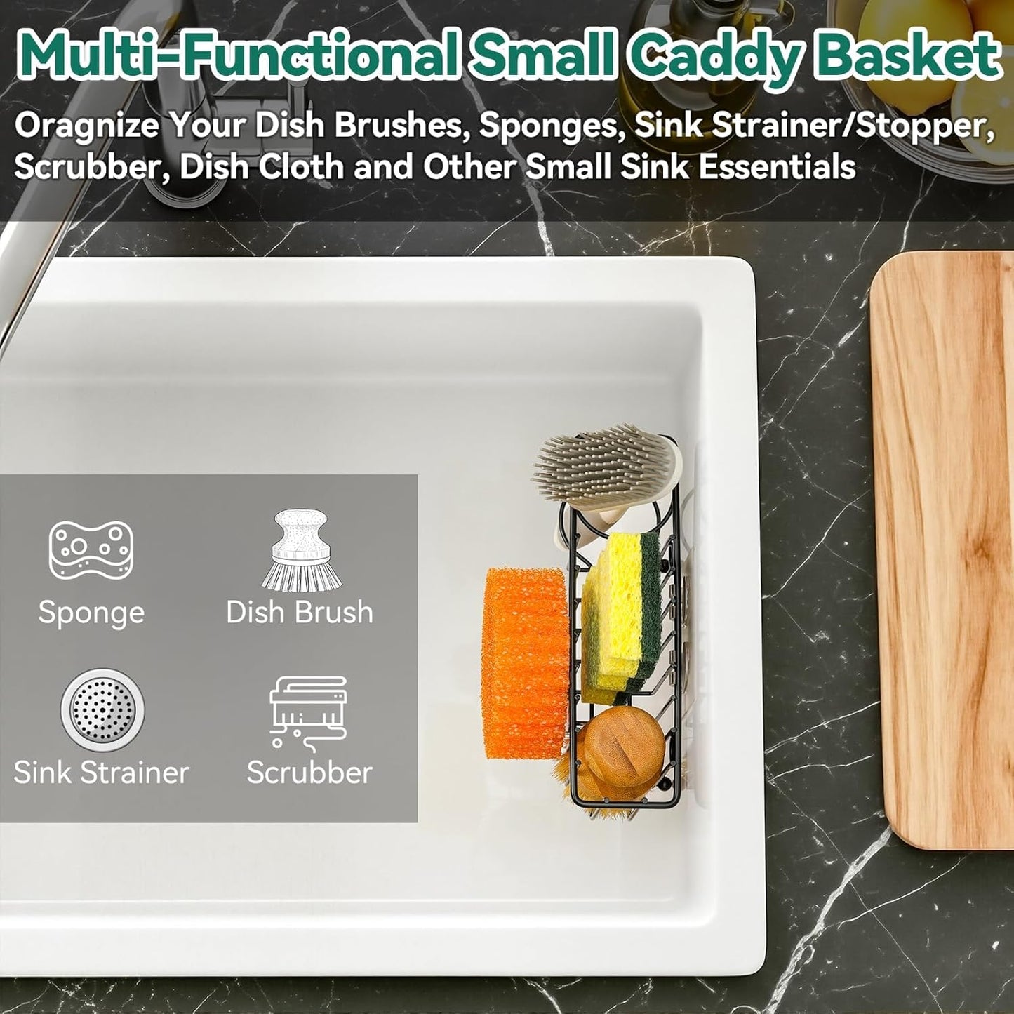 3-In-1 Sponge Holder for Kitchen Sink with Suction Cups & Adhesive Hook , In-sink Sponge Holder, Wall Hanging Sink Caddy Organizer Rack - Sponge, Dish Cloth, Brush, Scrubber - 304 Stainless Steel