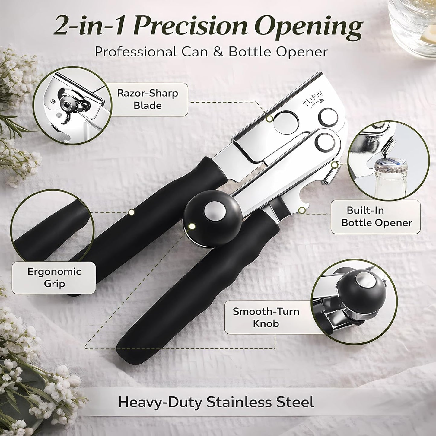 Manual Can Opener, Heavy Duty Stainless Steel, Magnetic Lid Lifter, Ergonomic Soft-Grip Handles with Bottle Opener (black)
