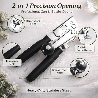 Manual Can Opener, Heavy Duty Stainless Steel, Magnetic Lid Lifter, Ergonomic Soft-Grip Handles with Bottle Opener (black)