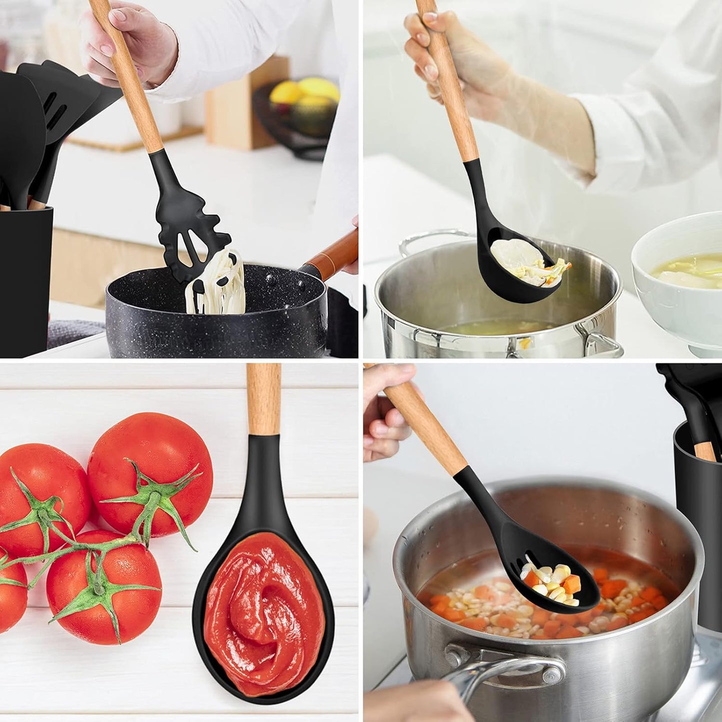 E-far Cooking Utensils Set of 6, Silicone Kitchen Utensils with Wooden Handle, Non-stick Cookware Friendly & Heat Resistant, Includes Spatula/Ladle/Slotted Turner/Serving Spoon/Spaghetti Server(Khaki)