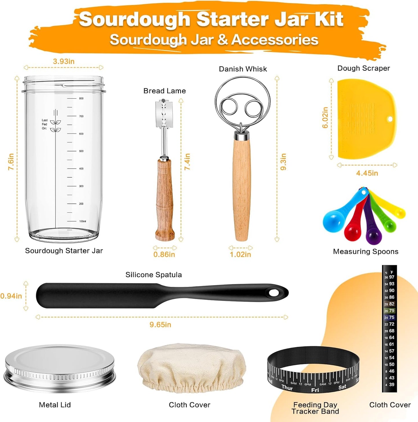 Sourdough Starter Kit, 9'' Round Banneton Proofing Basket, 36oz Sourdough Starter Jar, Bread Lame, Dough Scraper, Dough Whisk & Silicone Bread Sling
