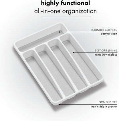 madesmart Small Silverware Tray, Compact 5 Compartment Flatware Organizer for Forks, Knives & Spoons, Non Slip, Soft Grip Lining, Fits Small Drawers, White