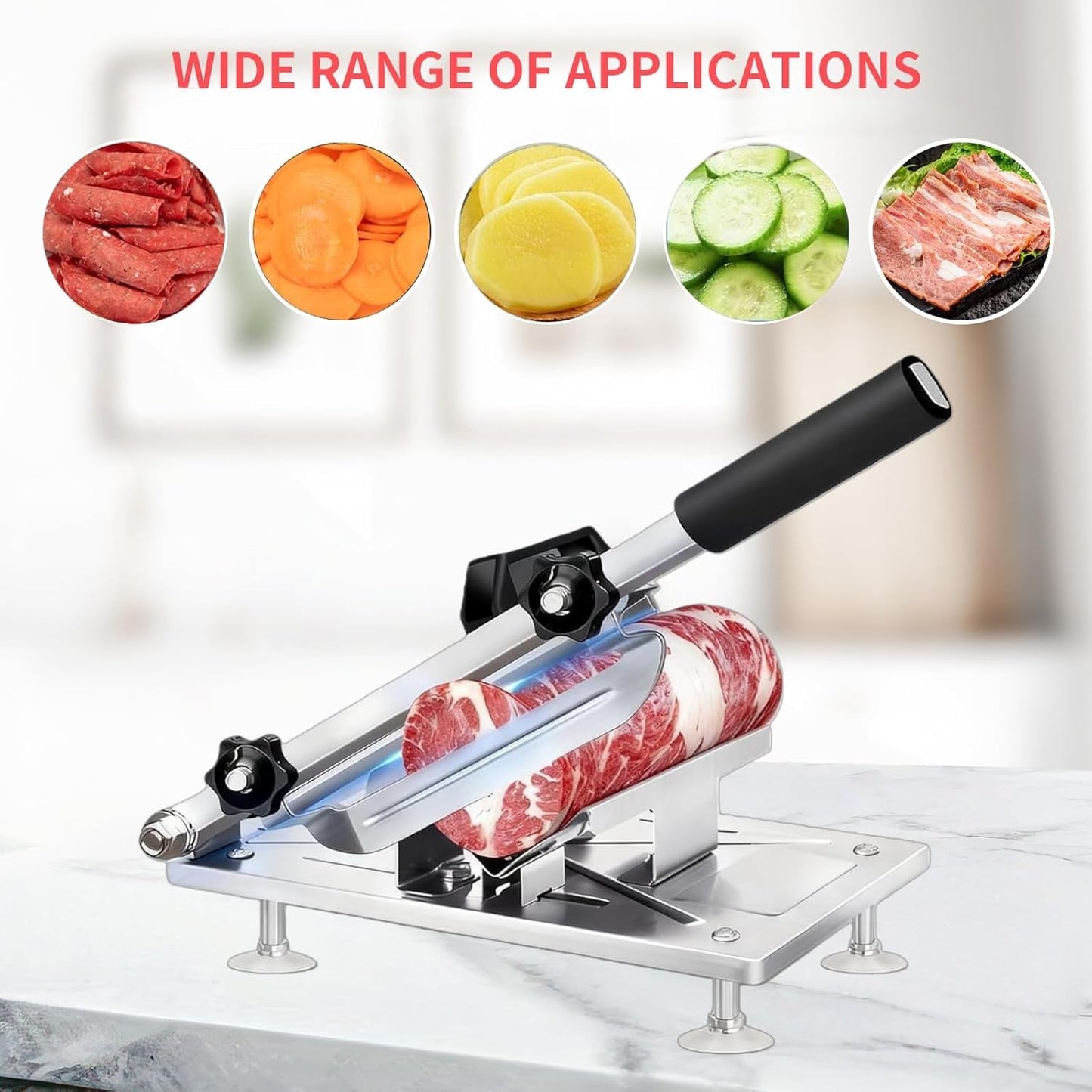 Manual Frozen Meat Slicer, Upgraded Stainless Steel Meat Cutter for Beef Mutton Bacon Home Food Slicing Machine for Hot Pot BBQ sandwiches pizza