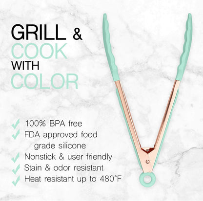 COOK WITH COLOR Stainless Steel Silicone Tipped Kitchen & BBQ Tongs Set, 3 Pc Utensils, Grey