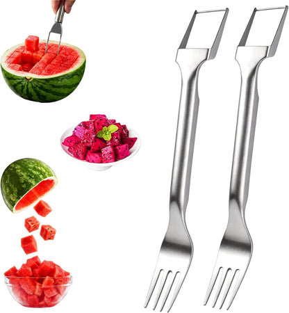 Watermelon Cutter, 2-in-1 Stainless Steel Fruit Cutter, Dual Head Watermelon Fork Slicer Tool, Summer Fruit Cutting Kitchen Gadget for Home (Round-2PCS)