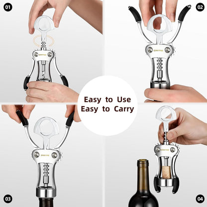 Wing Corkscrew Wine Opener, Premium Zinc Alloy Manual Bottle Opener, Heavy Duty Multifunctional Tool for Kitchen, Bar, Restaurant & Waiters (Silver)