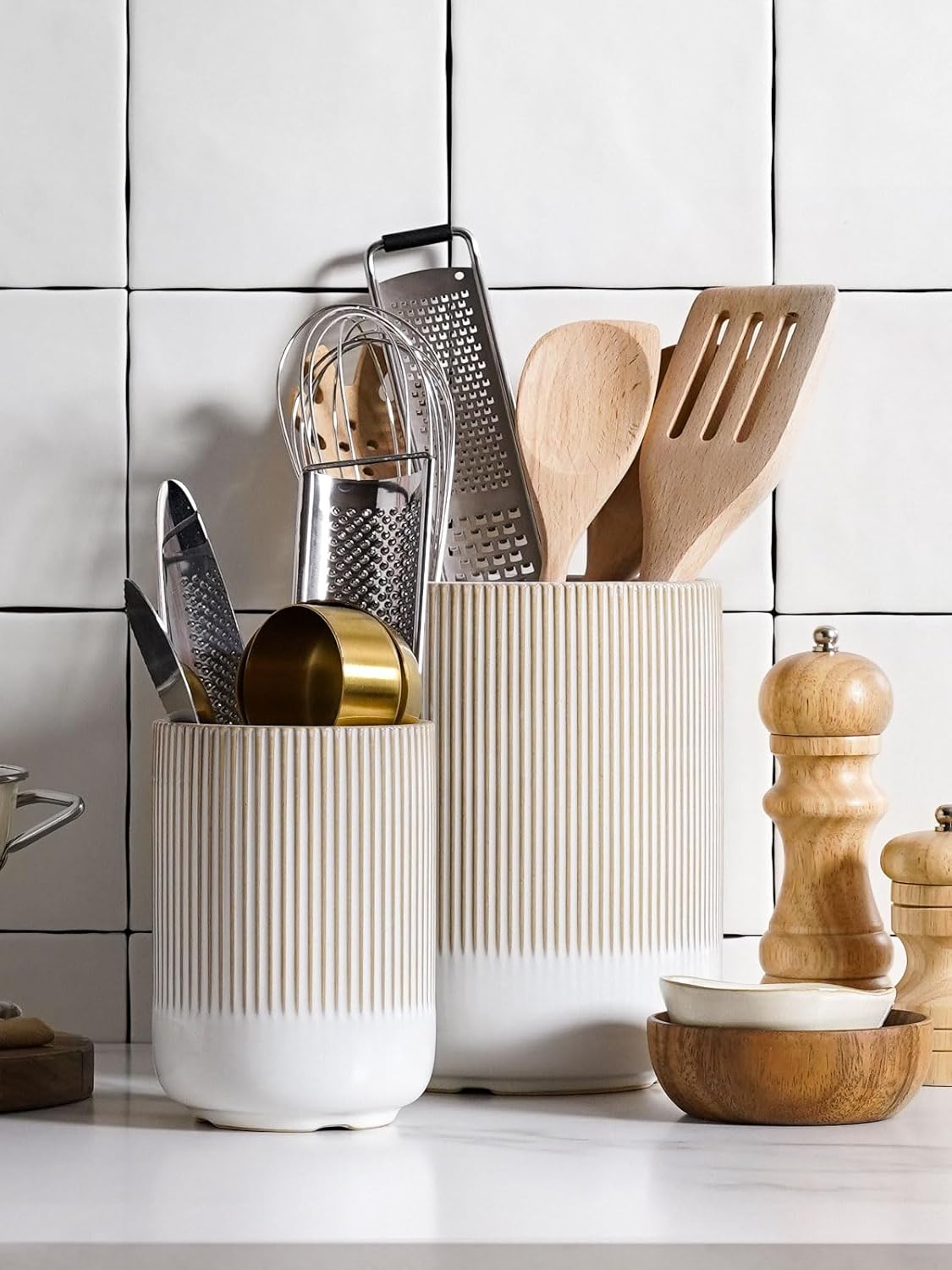 LE TAUCI Utensil Holder for Kitchen Counter, 7.3"+5.4" Fluted Ceramic Utensil Crock Organizer for Countertop, Heavy Large Holder for Spatulas, Spoons, Set of 2, White, Kitchen Counter Decor