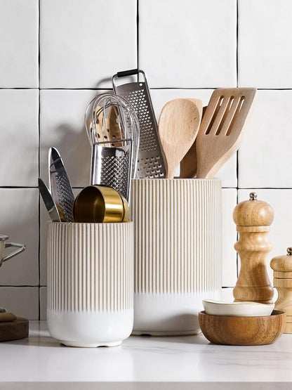 LE TAUCI Utensil Holder for Kitchen Counter, 7.3"+5.4" Fluted Ceramic Utensil Crock Organizer for Countertop, Heavy Large Holder for Spatulas, Spoons, Set of 2, White, Kitchen Counter Decor