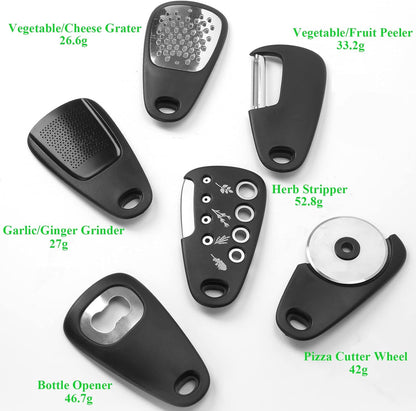 Kitchen Gadgets Set 6 Pieces, Space Saving Cooking Tools Kitchen Accessories-Garlic/Ginger Grinder, Cheese Grater, Vegetable/Fruit Peeler, Pizza Cutter, Herb Stripper, Bottle Opener, Gadgets Gift Set