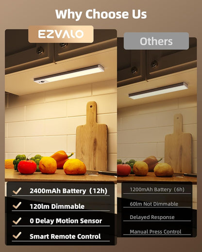 EZVALO 5-Pack Under Cabinet Lighting with Charging Station, 2400mAh Motion Sensor Light, LED Coutner Lights Wireless, 3000K Dimmable, Timer, Magnetic, with Remote Control for Kitchen, Closet, Stair