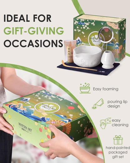 Matcha Whisk Set, Ceramic Matcha Set Includes Bowl with Spout, Whisk and Holder, Bamboo Scoop, Sifter and Tea Towel - 6 Pcs Matcha Kit Gift for Lovers Beginners (Pink)