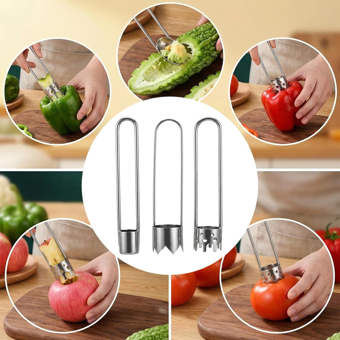 3 PCS Red Bell Pepper Seed Corer Fruit and Vegetable Corer Tool Stainless Steel Practical Kitchen Gadgets Universal Multifunctional Core Remover for Pepper Apple Pineapple Pear Easy Clean