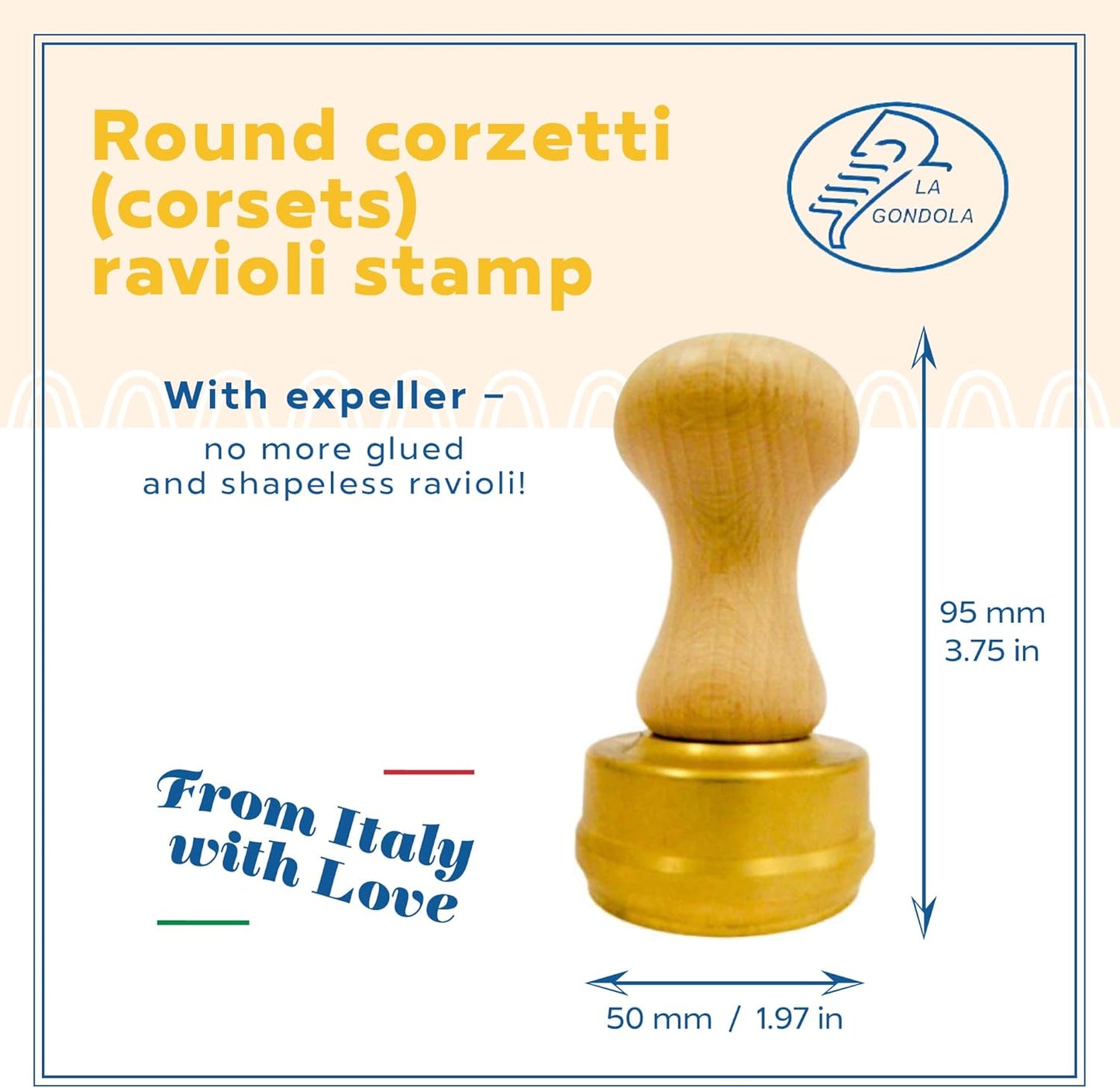 La Gondola Homemade Ravioli Stamp - Square Festooned 1.77x1.77in | Italian Pasta Making Tool for Home and Business | Brass & Natural Wood | Easy to Use Ravioli Stamp | Ravioli Cutter Made in Italy