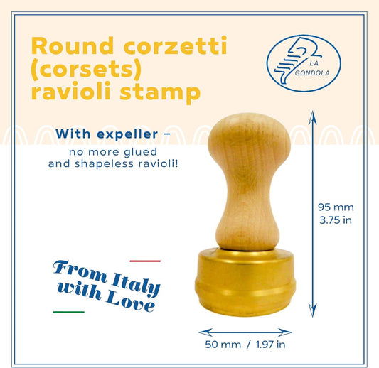 La Gondola Homemade Ravioli Stamp - Square Festooned 1.77x1.77in | Italian Pasta Making Tool for Home and Business | Brass & Natural Wood | Easy to Use Ravioli Stamp | Ravioli Cutter Made in Italy