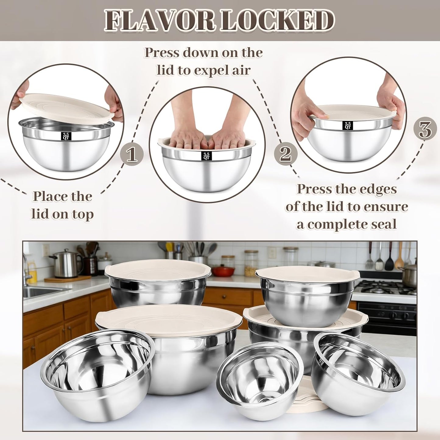Mixing Bowls with Lids Set - 7PCS Nesting Mixing Bowls, Lids, Stainless Steel Mixing Bowls for Mixing, Baking & Meal Prep, Dishwasher Safe, Size 0.7/1.1/1.5/2.1/3.5/4/4.5 QT, Khaki