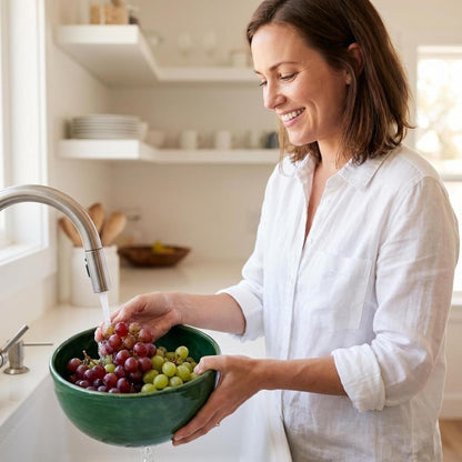 Ceramic Berry Washing Bowl with Swirl Cleaning Design, Self Rinsing Fruit Spinner Colander for Strawberries Blueberries Grapes, Quick Drain Kitchen Washer Bowl (Ceramic)