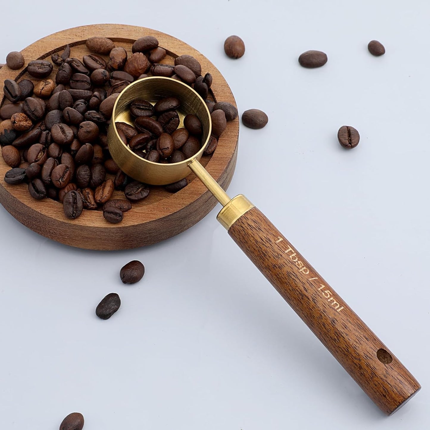 Gold Coffee Measuring Spoon, Stainless Steel Teaspoon Scoop, Walnut Handle, 15ml Capacity Tablespoon, Gold Plated for Coffee Tea, and More