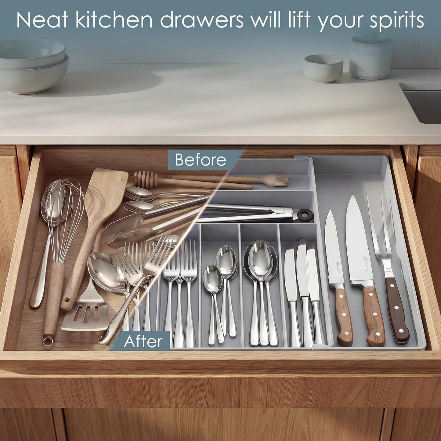 Extra Large Silverware Organizer, 9 Slot Expandable Kitchen Drawer Organizer, Utensil Holder, Heavy Duty Stainless Steel Frame Silverware Drawer Organizer, 8 Non-Slip Feet Included, BPA Free, Black