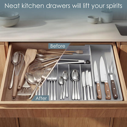 Extra Large Silverware Organizer, 9 Slot Expandable Kitchen Drawer Organizer, Utensil Holder, Heavy Duty Stainless Steel Frame Silverware Drawer Organizer, 8 Non-Slip Feet Included, BPA Free, Black