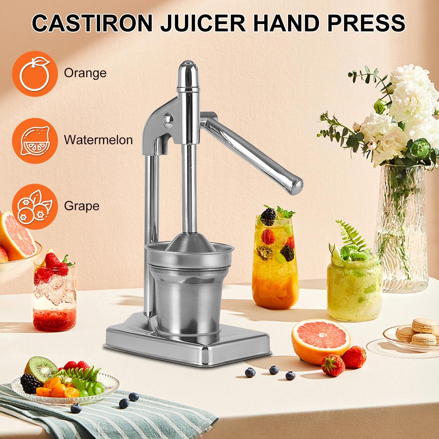 Cast Iron Juicer Hand Press,Effective Stainless Steel Manual Juicer Fruit Squeezer,Home and Kitchen Essentials, Heavy Duty Hand Press Juice Extractor for Fresh Lemonade Orange Juice, Easy to Use