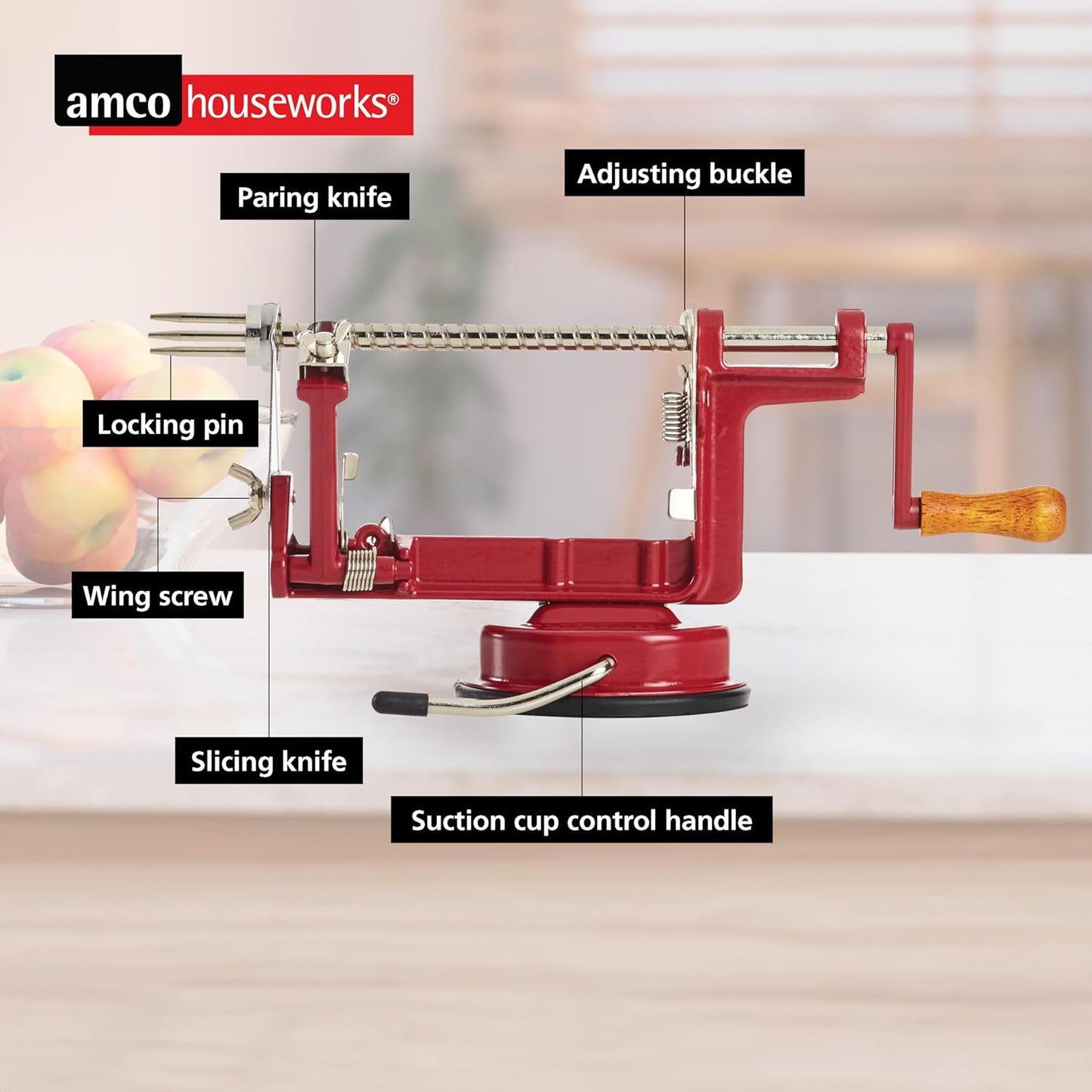Back To Basics A505 Peel Away Apple Peeler (Casr Iron Suction Base), Red