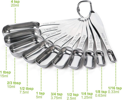 FANGSUN Narrow Measuring Spoons Set of 10, Heavy-Duty Stainless Steel Measuring Spoons with Long Handles & Engraved Measurements, Fits in Spice Jars, for Baking & Cooking