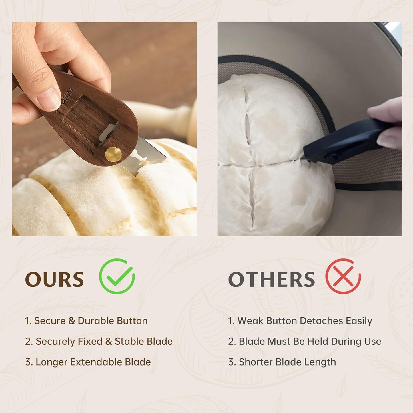 NiHome Bread Lame with Extractable Blade and Magnetic Back, Push-Pull Design for Secure Blade Locking, Easy-to-Use Walnut Wood Handle, Perfect for Dough Scoring, Bread, Pastries, and Food Cutting