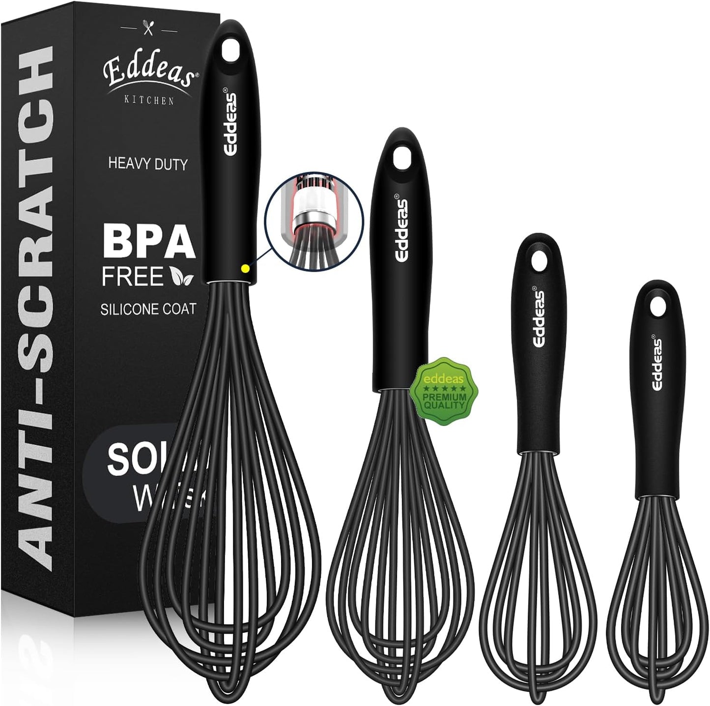 Whisks For Cooking - 500 °F Heat Resistant Silicone Whisk, Heavy Duty 7",9"&11inch Non-Scratch Balloon Kitchen Wisk tool Set, for cooking Wisking, Blending, Beating, Stirring, 3 Piece Black
