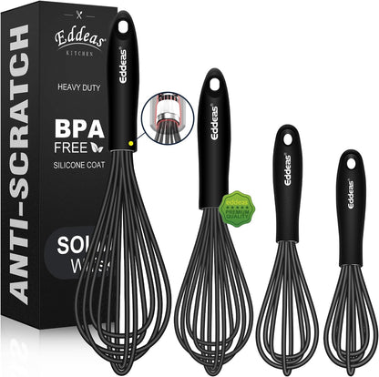 Whisks For Cooking - 500 °F Heat Resistant Silicone Whisk, Heavy Duty 7",9"&11inch Non-Scratch Balloon Kitchen Wisk tool Set, for cooking Wisking, Blending, Beating, Stirring, 3 Piece Black