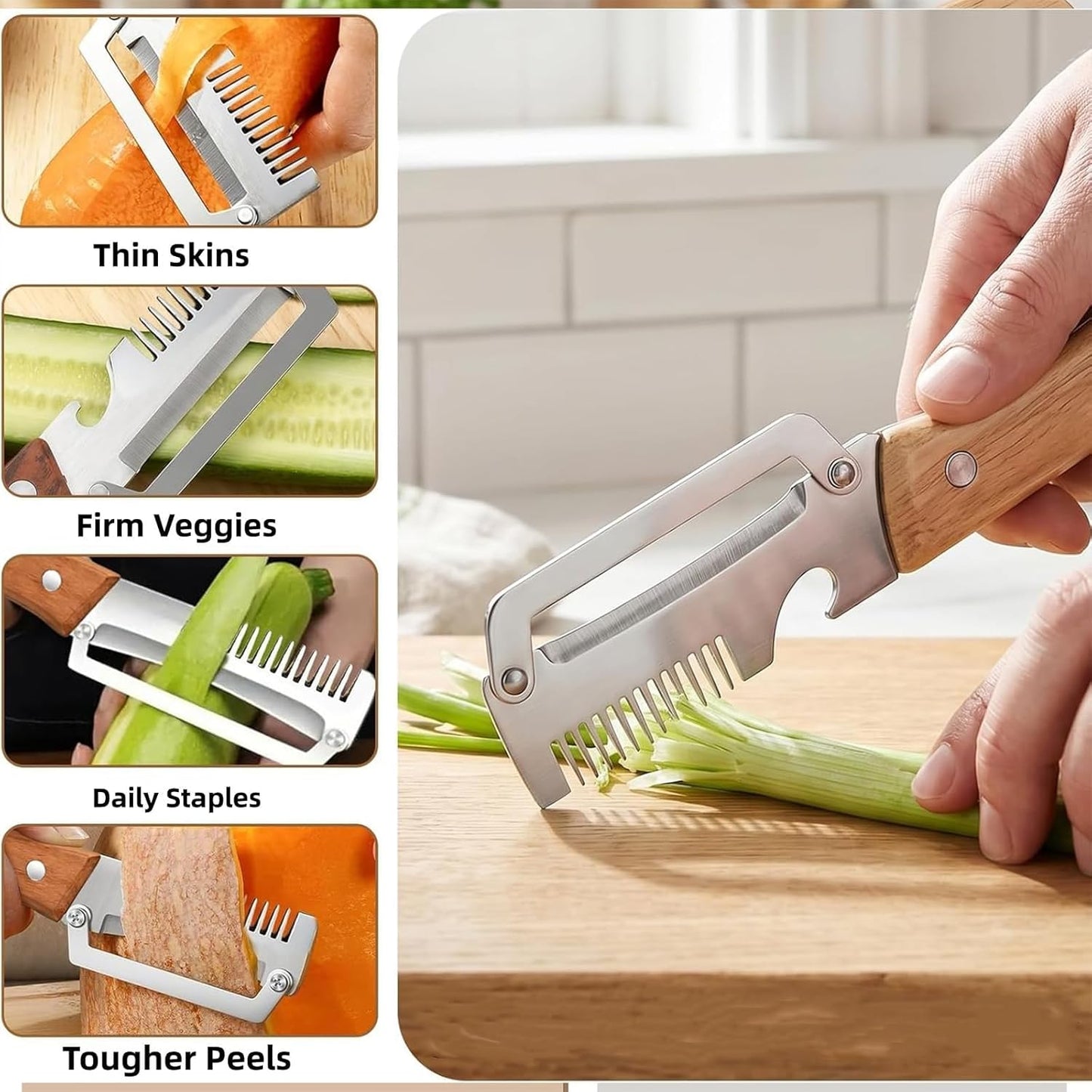 3 in 1 peeler and slicer tool, Serrated Peeling Knife Premium Vegetable Peeler, Multi-function Stainless Steel Thickened Fruit PeelersWooden Handle and Bottle Opener for Fruits and Vegetables (1)