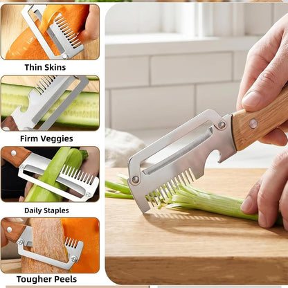 3 in 1 peeler and slicer tool, Serrated Peeling Knife Premium Vegetable Peeler, Multi-function Stainless Steel Thickened Fruit PeelersWooden Handle and Bottle Opener for Fruits and Vegetables (1)