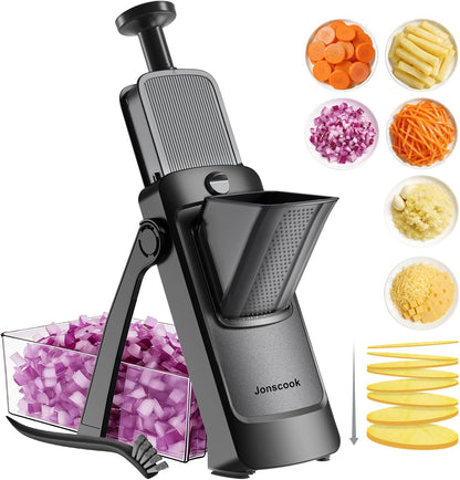Jonscook All-in-1 Update Safe Mandoline Slicer for Kitchen, Food Chopper with Container, Thickness Adjustable Vegetable Chopper, Potato French Fry Cutter Tomato Apple Slicer Onion (BlackKnight)