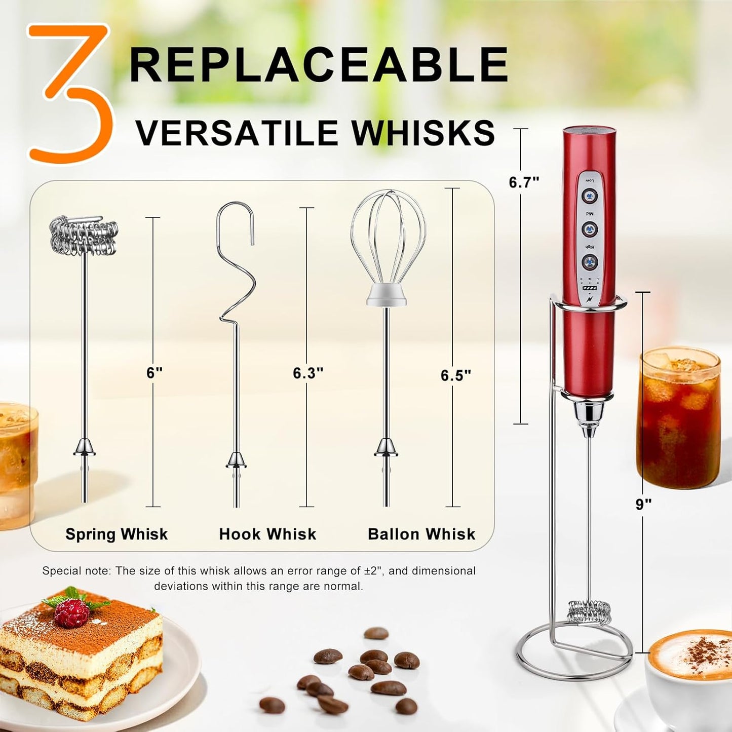 YUSWKO Black Handheld Milk Frother Wand for Coffee, Rechargeable Electric Whisk with 3 Heads 3 Speeds Drink Mixer Coffee Frother For Latte, Cappuccino, Hot Chocolate, Egg