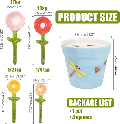 Flower Pot Measuring Spoons Set, Ceramic Baking Cup with Base Stand Holder, Decorative Cute Figurine for Dry & Wet Ingredients, Kitchen, Home & Gift - 1 Tbsp, 1 Tsp, 1/2 Tsp, 1/4 Tsp, Dishwasher Safe