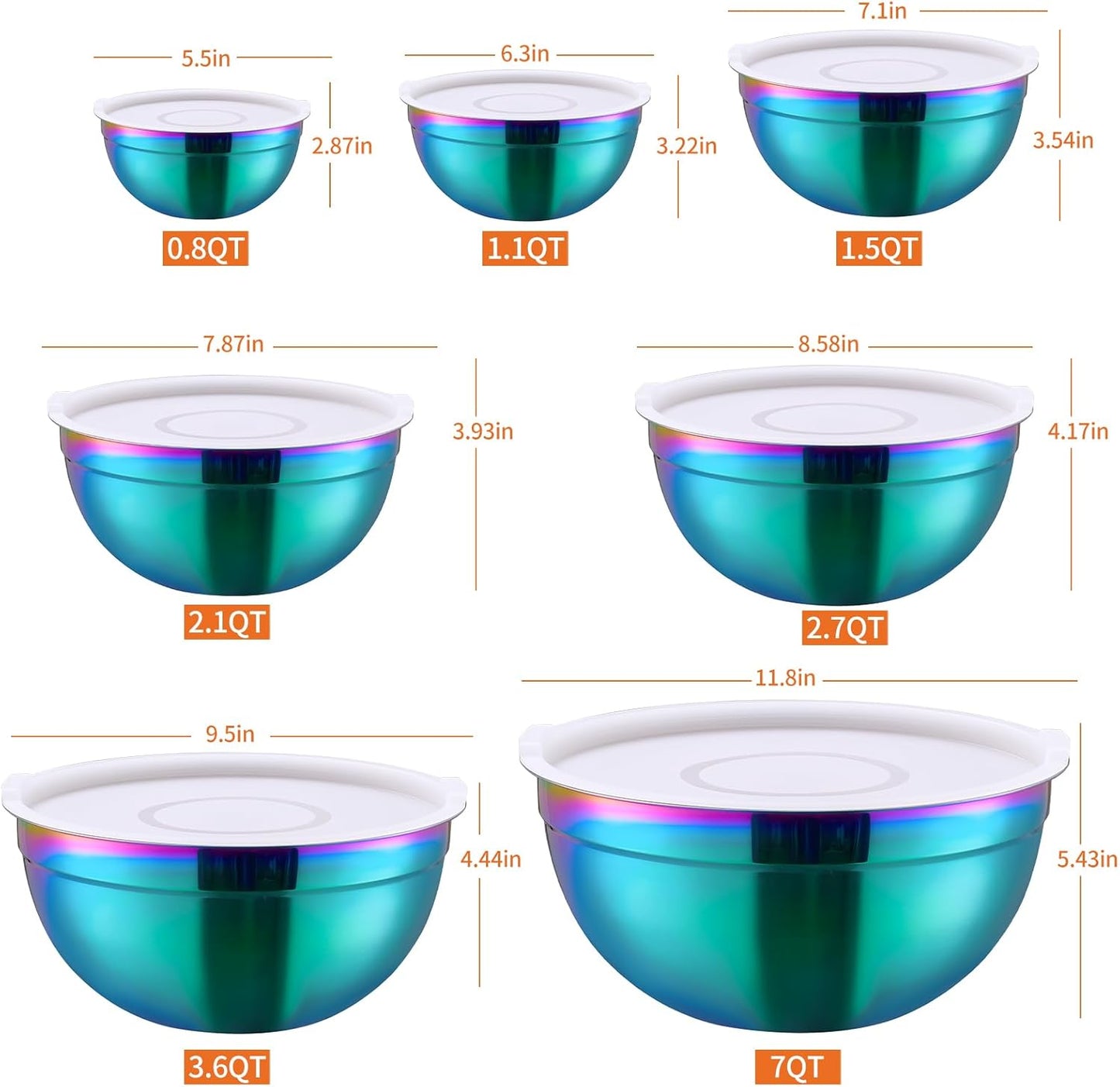 Red Mixing Bowls with Lids Set of 7, Stainless Steel Nesting Bowl with Khaki Lid for Non-slip Mixing Prepping Storing Serving, 7 Sizes-7/3.6/2.7/2.1/1.5/1/0.8 QT