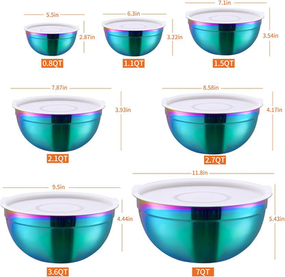Red Mixing Bowls with Lids Set of 7, Stainless Steel Nesting Bowl with Khaki Lid for Non-slip Mixing Prepping Storing Serving, 7 Sizes-7/3.6/2.7/2.1/1.5/1/0.8 QT