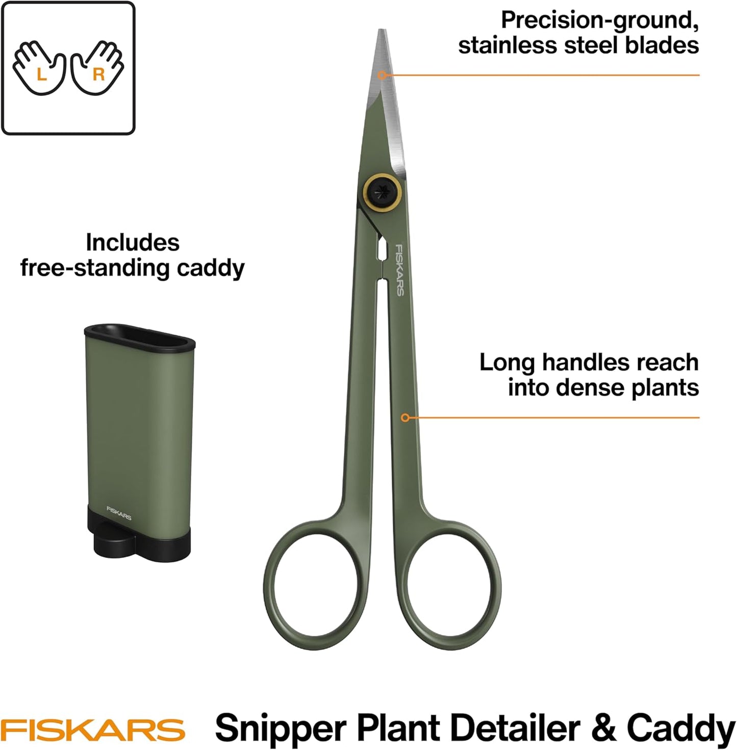 Fiskars Plant Shaping Shears & Holder, Precision Indoor Gardening Snips with Storage Caddy, Forged Stainless Steel Blades for Clean Cuts on Broad Leaves, Ambidextrous Handles & Stem Stripper, 6"