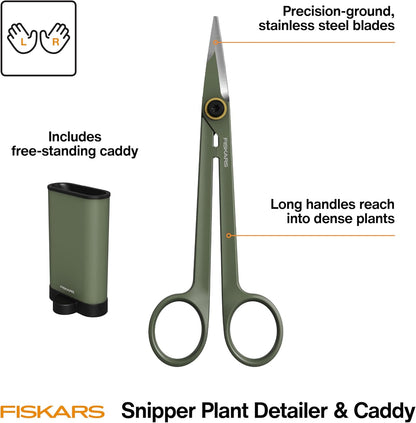 Fiskars Plant Shaping Shears & Holder, Precision Indoor Gardening Snips with Storage Caddy, Forged Stainless Steel Blades for Clean Cuts on Broad Leaves, Ambidextrous Handles & Stem Stripper, 6"