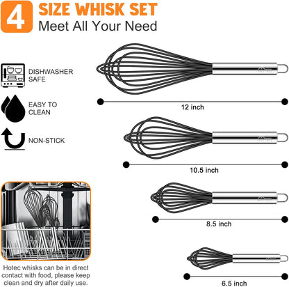 HOTEC 4 Pieces Silicone Whisks Set, Wire Balloon Whisks for cooking Egg Beater, Non-slip Handle Whisk for Non-stick Cookware Perfect for Cooking, Stirring, Beating and Blending (Multicolor)