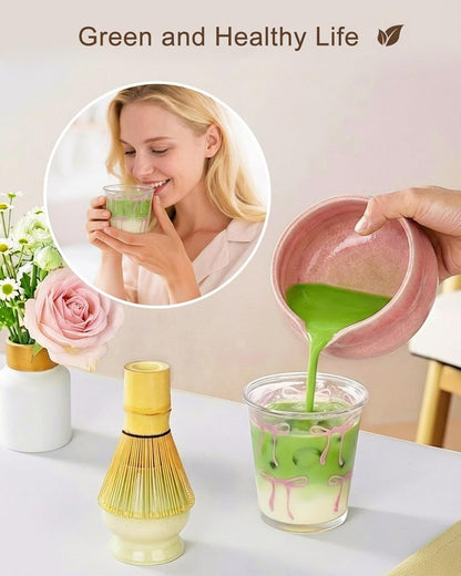 Matcha Whisk Set - 8Pcs Matcha Set includes Bowl, Whisk and Holder, Bamboo Scoop, Scoop Rest, Spoon, Sifter and Tea Towel, for Matcha Lovers, Gift- Green