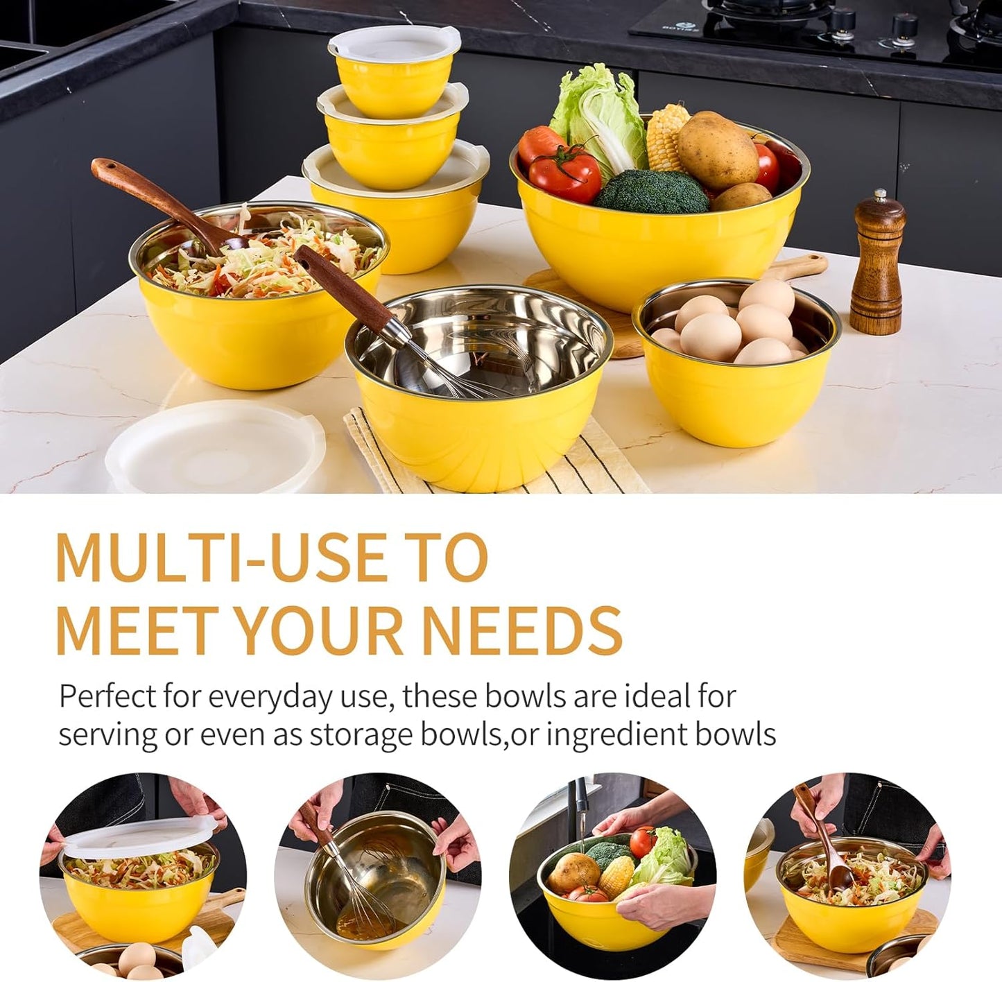 Gold Mixing Bowls With Airtight Lids,Stainless Steel Bowl,Salad Bowls 7 Piece Colorful Nesting Bowl Gold Kitchen Accessories,Size 7,3.6,2.7,2.1,1.5,1.1,0.8QT Stackable Design