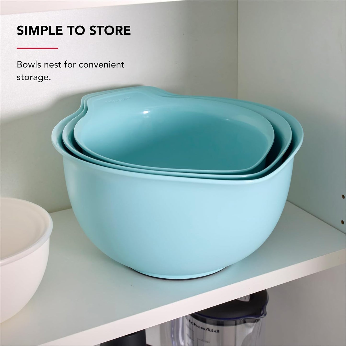 KitchenAid Universal Nesting Plastic Mixing Bowls, Set Of 3, 2.5 quart, 3.5 quart, 4.5 quart, Non Slip Base with Easy Pour Spout to Reduce Mess, Dishwasher Safe, Aqua Sky, White, Gray