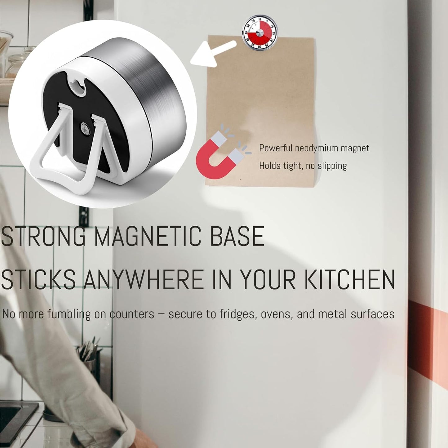 Kitchen Magnetic Visual Cooking Mechanical Timer with Loud Alarm, No Batteries Required, Stainless Steel, Countdown 60 Minute Wind Up Timer for Study, Chef, Teacher, Office (White)