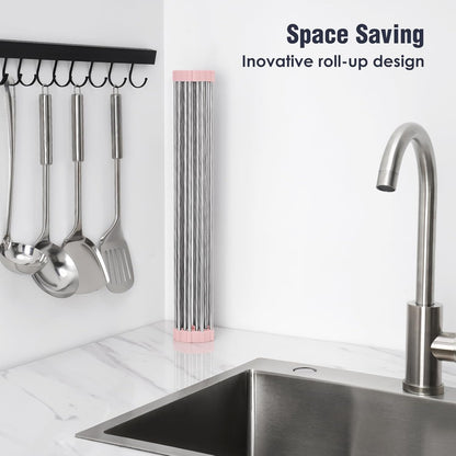 Tomorotec 17.7" x 15.5" Roll Up Dish Drying Rack Over Sink Drying Rack Sink Cover Kitchen Sink Accessories Gadget Multipurpose Organizer Foldable Stainless Steel Drainer