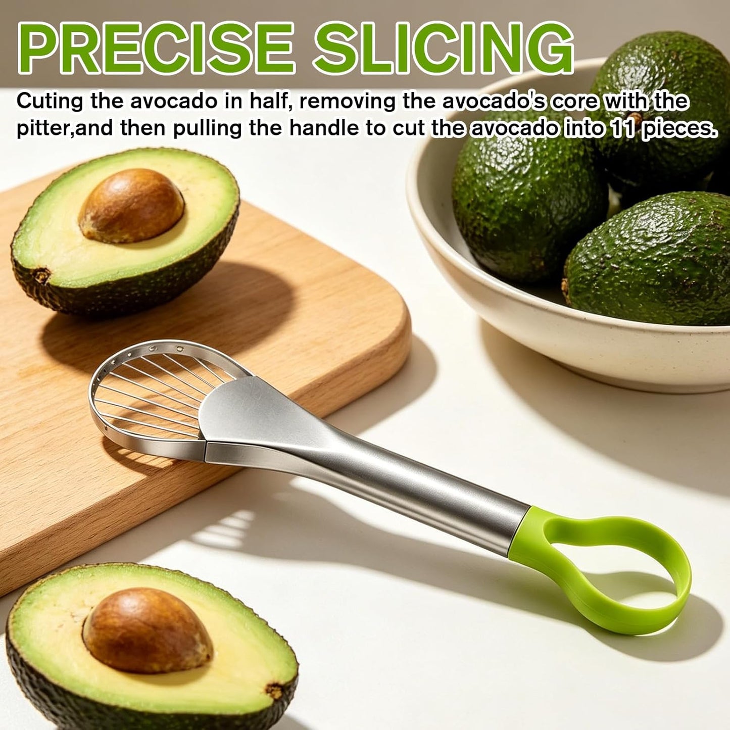 Avocado Slicer Tool, 3-in-1 Stainless Steel Avocado Slicer Tool with Peeler & Pitter, Silver & Green Design for Slicing, Scooping Pit Removal (9.37 x 2.28 In)