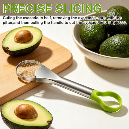 Avocado Slicer Tool, 3-in-1 Stainless Steel Avocado Slicer Tool with Peeler & Pitter, Silver & Green Design for Slicing, Scooping Pit Removal (9.37 x 2.28 In)